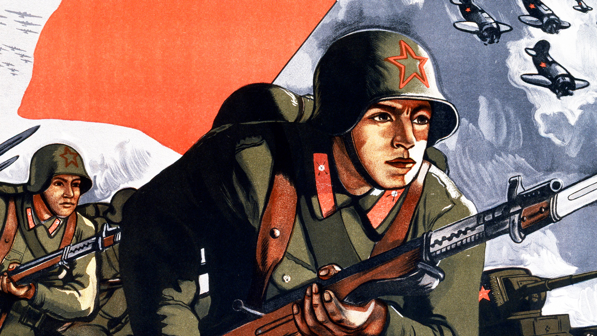 WWII Soviet propaganda poster depicting an attacking Red Army