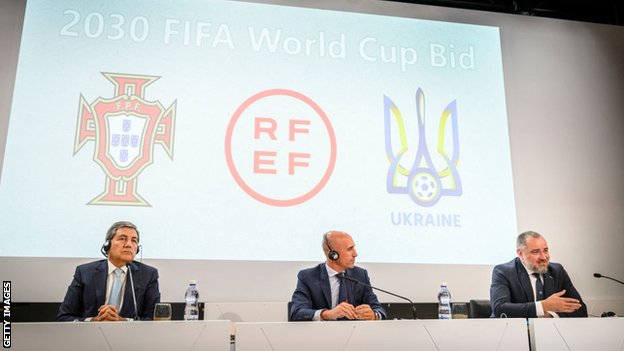 President of the Portuguese Football Federation Fernando Soares Gomes da Silva (L), President of the Spanish Football Federation Luis Rubiales (C) and President of the Ukraine Football Federation Andriy Pavelko (R)