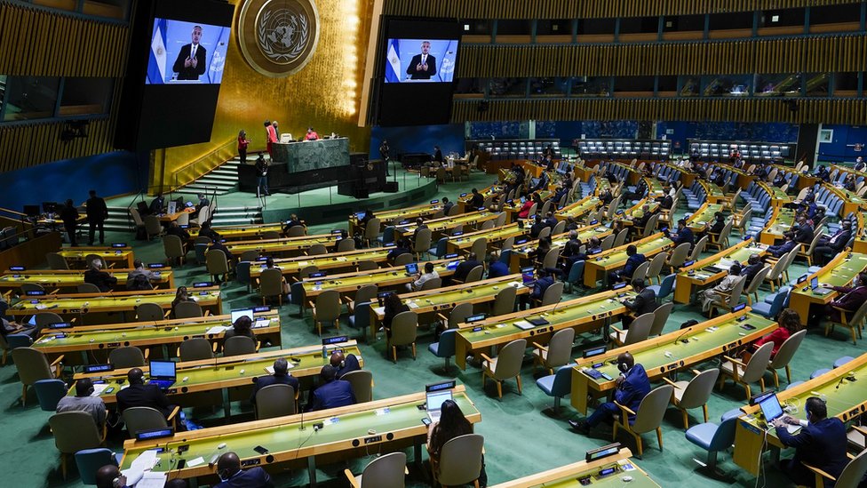 Image of the the 76th Session of the United Nations General Assembly remotely on September 21, 2021 in New York City