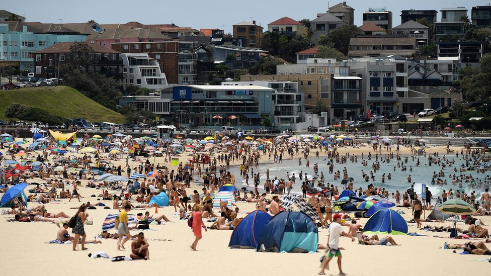 People gather at Bondi Beach in Sydney