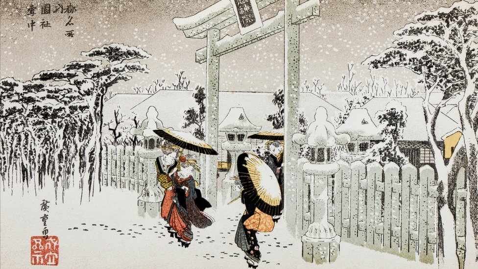 Las artes plásticas japonesas impresionaron a Einstein. En esta imagen se ve una ilustración antigua: "Puerta del templo Shinto" hecha por Hiroshige I.