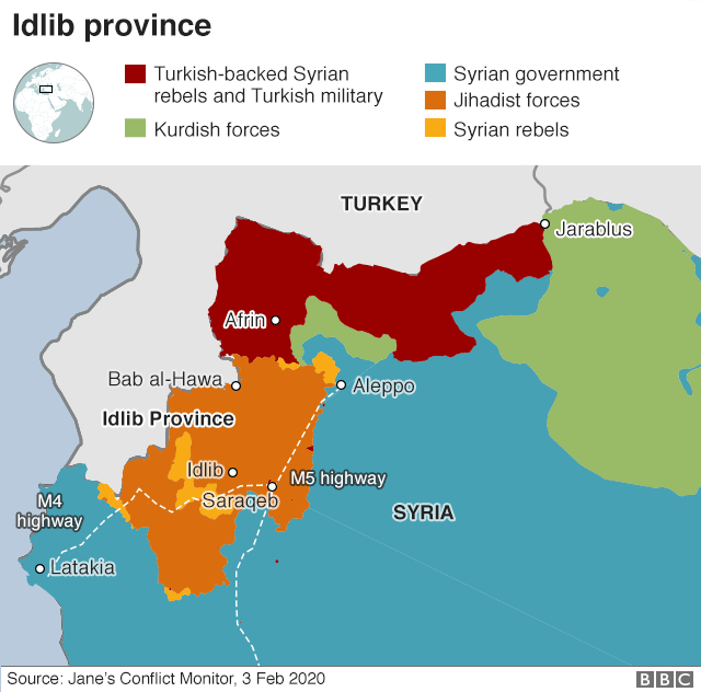 Карта, показывающая контроль над северо-западом Сирии (3 февраля 2020 г.)