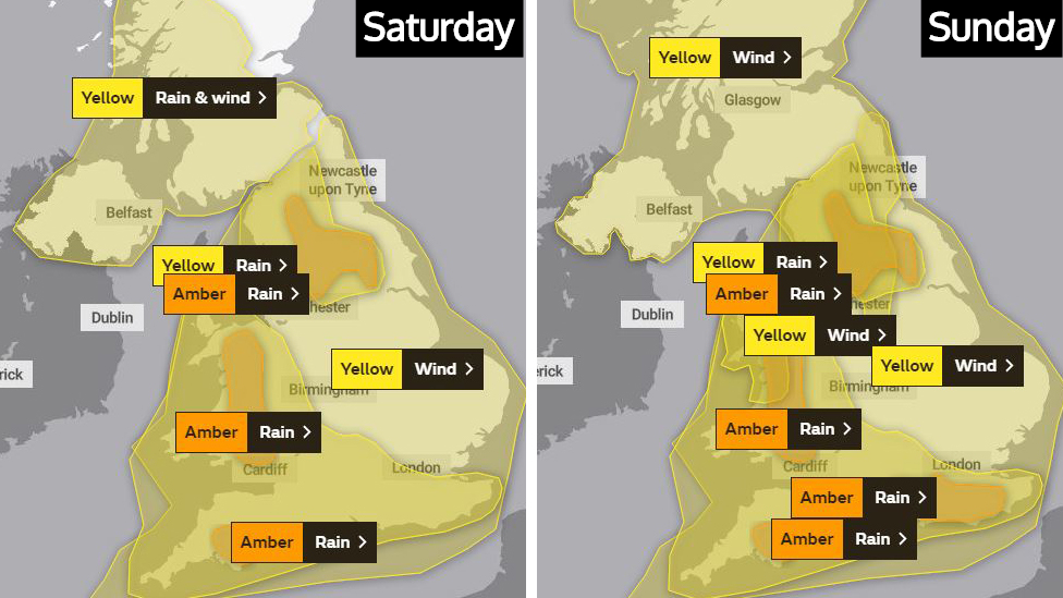 Две карты Великобритании с предупреждениями о погоде в субботу и воскресенье