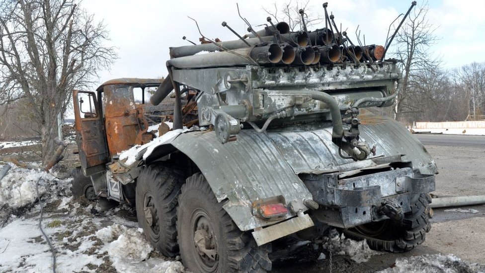 A view shows a destroyed Russian army multiple rocket launcher on the outskirts of Kharkiv on March 16, 2022