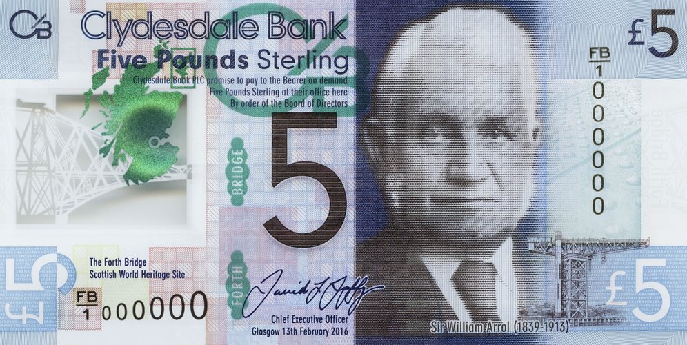 Банкнота 5 фунтов стерлингов из полимера Clydesdale Bank