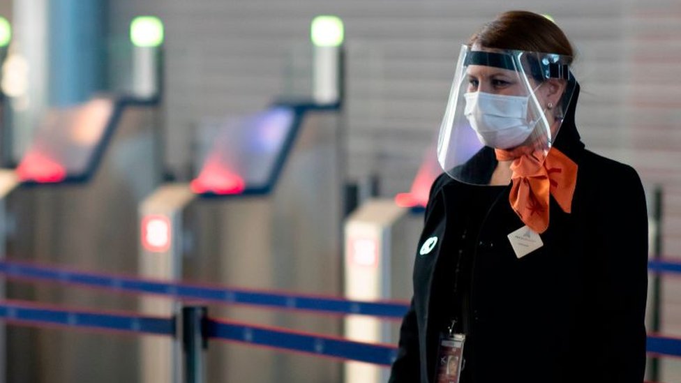 Airline employee wearing a face mask