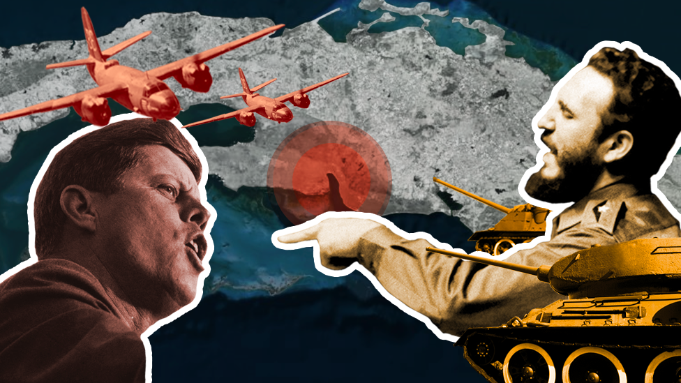 Montaje con fotos de Fidel Castro, John F. Kennedy, mapa de Cuba, tanques de guerra y aviones