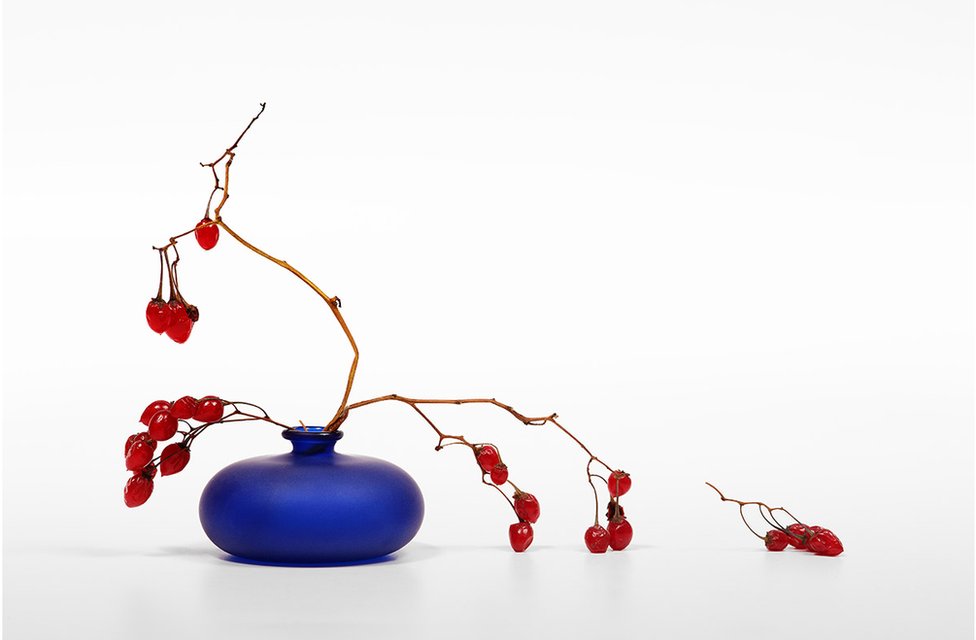 Red berries in a blue vase against a white background