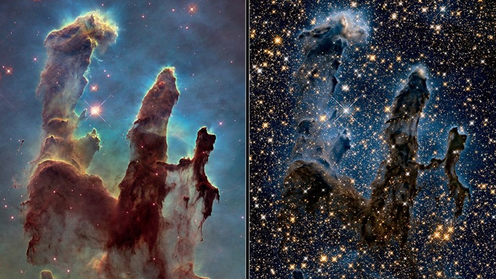 Images of the Pillars of Creation appear in visible and in near-infrared light
