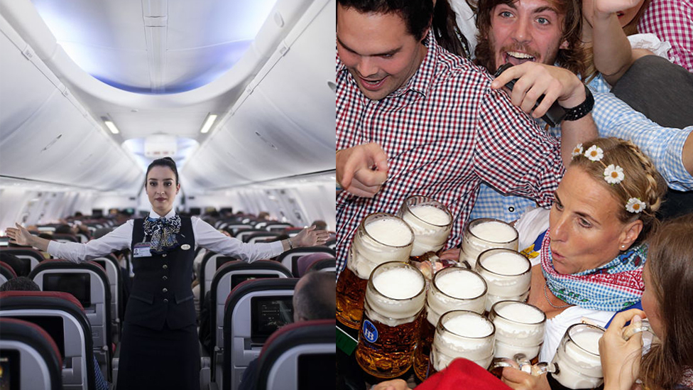 El "trabajo emocional" es un término que se refiere al manejo de las emociones que es necesario hacer durante la jornada laboral al momento de interactuar con clientes o colegas. Una azafata da las instrucciones de seguridad antes del vuelo y una mesera alemana lleva nueve vasos de cerveza en sus manos en medio de una multitud.