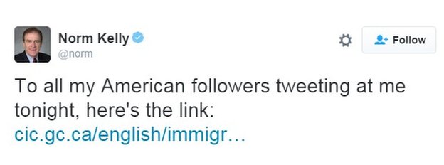Норм Келли пишет в Твиттере «Всем моим американским последователям» и дает ссылку на канадскую иммиграционную службу