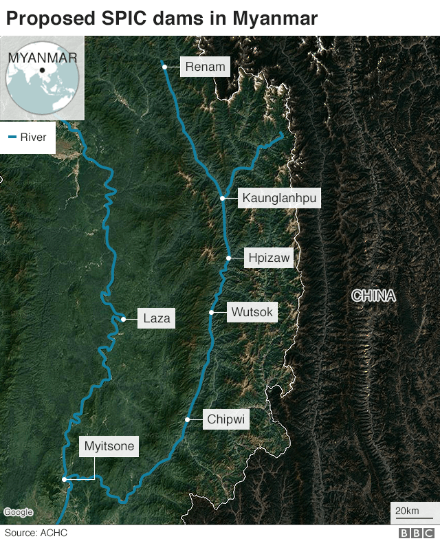 Спутниковая карта семи плотин, включая Мицонэ