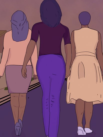 Ilustración de las espaldas de tres mujeres caminando.