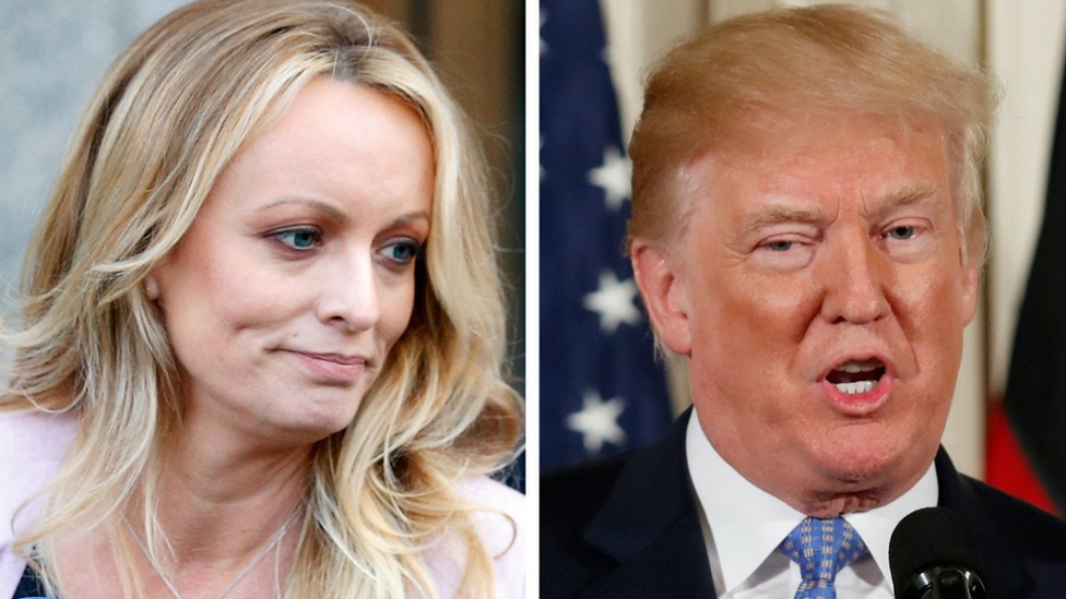 Adult film actress Stephanie Clifford, also known as Stormy Daniels, speaking in New York City, and U.S. President Donald Trump speaking in Washington, Michigan