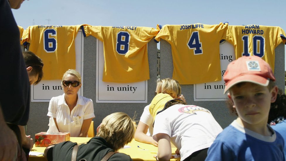 The football jerseys of members of the Coogee Dolphins rugby league killed in the Bali bombings were displayed on 20 October 2002 in Sydney