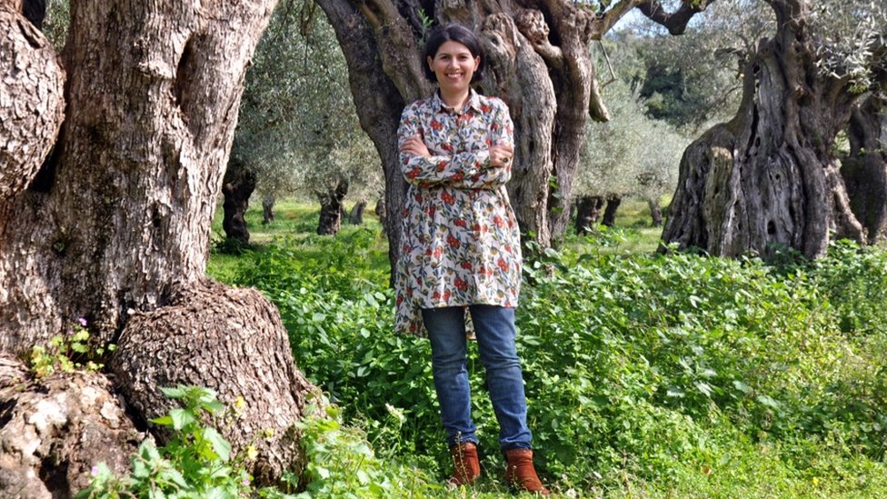 Кристина Стрибаку с оливковыми деревьями в Каламате