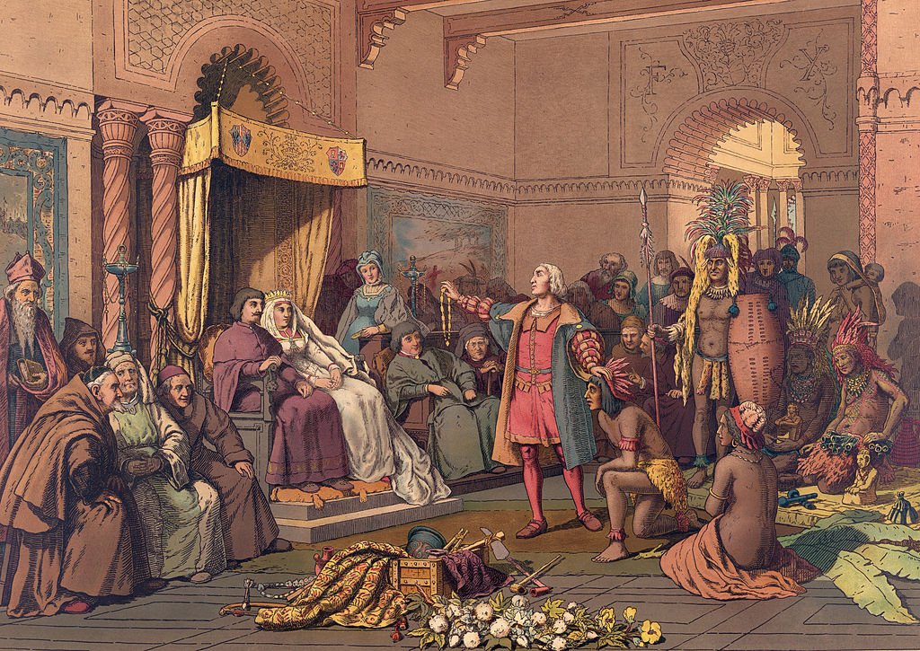 كريستوفر كولومبوس في بلاط الملكة إيزابيلا والملك فرديناند بمدينة برشلونة الإسبانية بعد عودته من رحلته الأولى إلى "العالم الجديد"