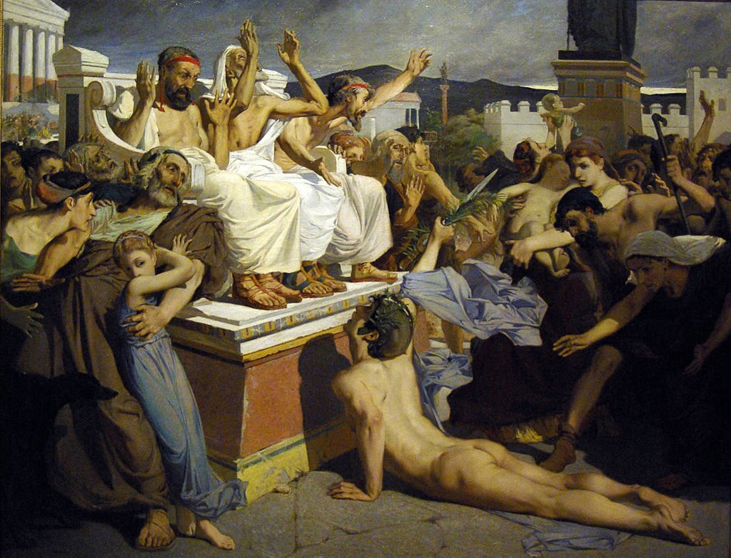 Filípides dando la noticia de la victoria en la Batalla de Maratón en Atenas. Artista: Luc-Olivier Merson.