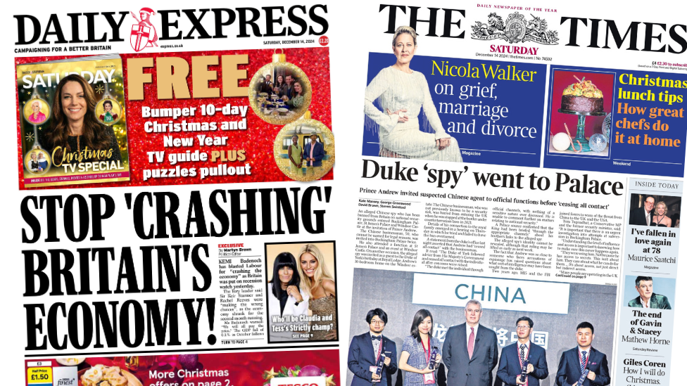 Newspaper headlines: 'MI5 probes Duke spy claims' and 'GDP blow to