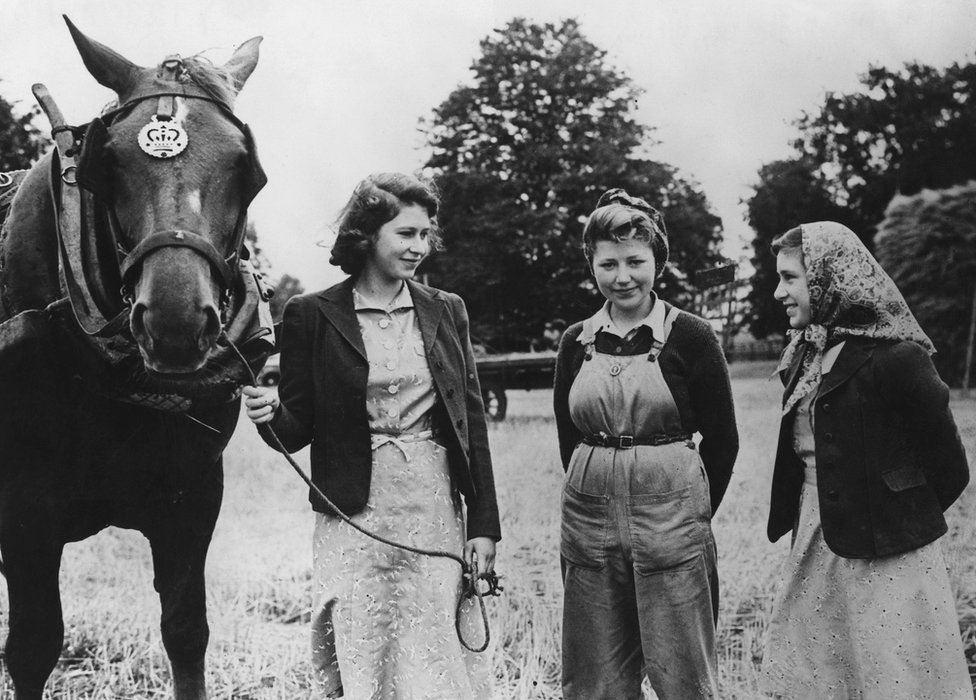 الأميرة إليزابيث تمسك بلجام حصان مزرعة عام 1943