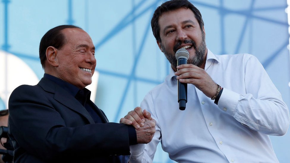President of Forza Italia, Silvio Berlusconi with Senator Matteo Salvini at national demonstration against the government in Piazza San Giovanni, Rome, 19 Oct 2019