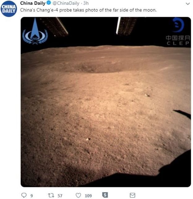 Mensaje en redes sociales en China con una imagen del lado oculto de la Luna enviada por Chang'e 4
