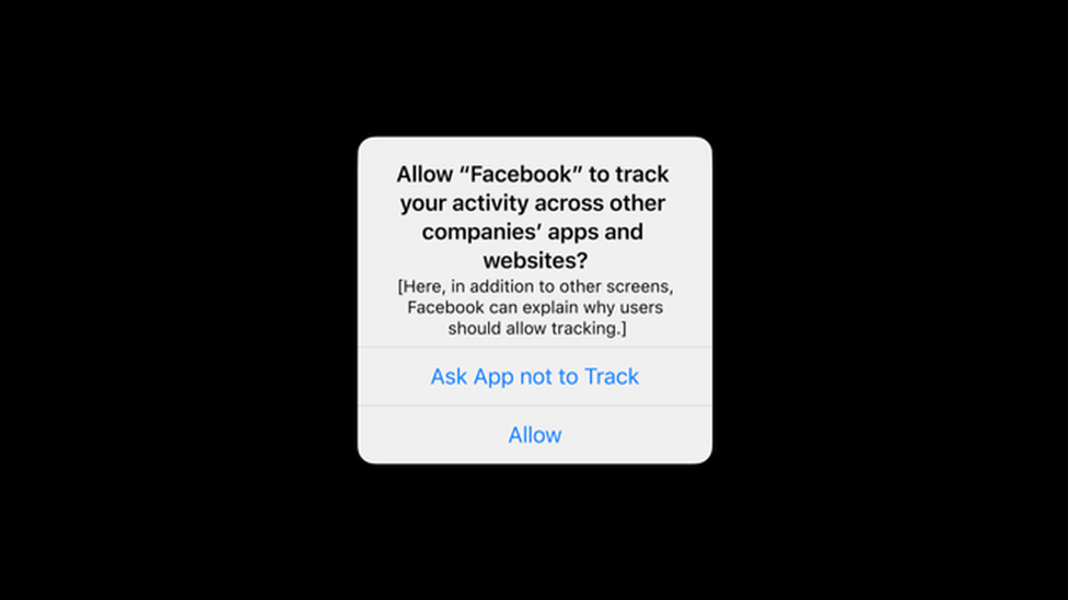 A screenshot showing an iOS message asking users to verify that they permit Facebook to track their data when using apps owned by the firm