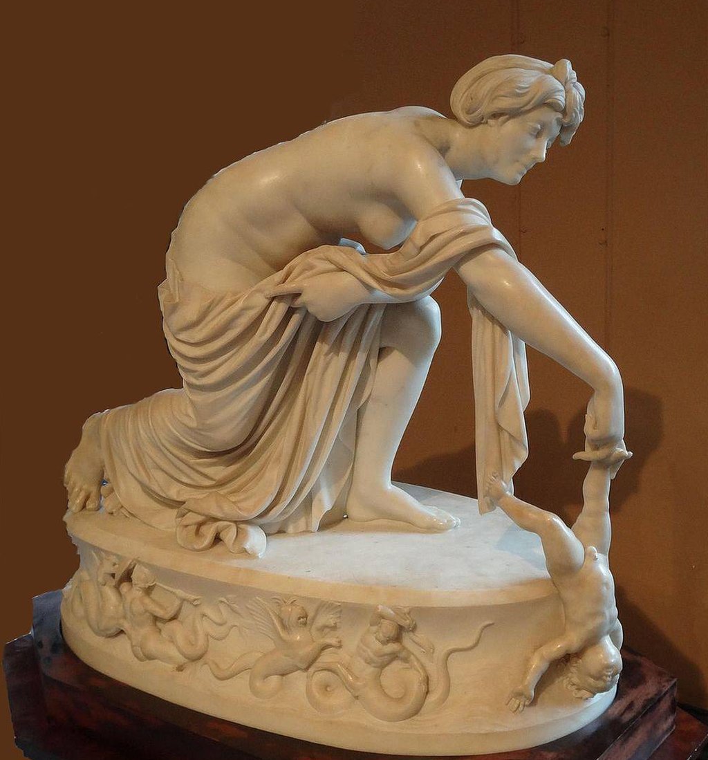 Tétis mergulha Aquiles no Rio Estige, em estátua de mármore do escultor britânico Thomas Banks (1735-1805). A estátua pertence ao acervo do Victoria & Albert Museum, em Londres. (Crédito: Jonathan Cardy)