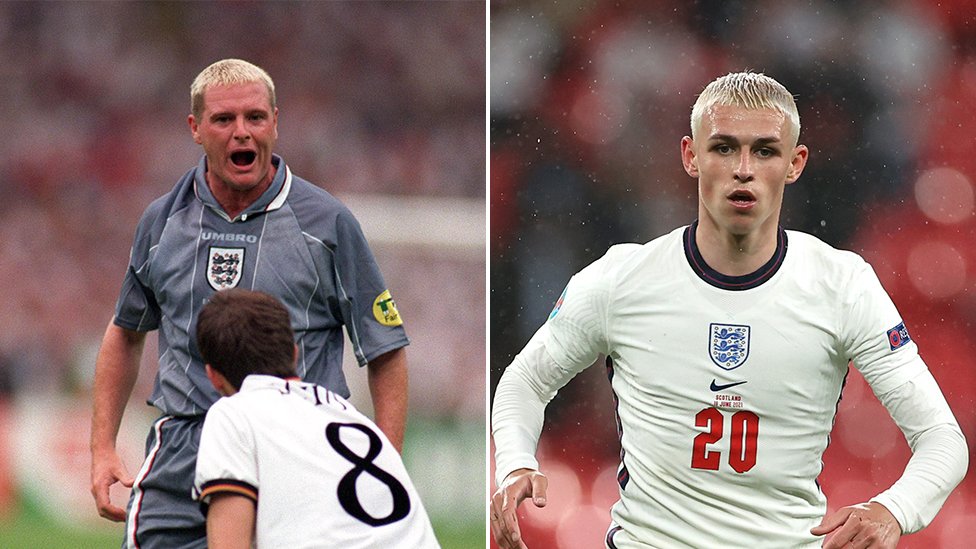Paul Gascoigne and Phil Foden with dyed blond hair