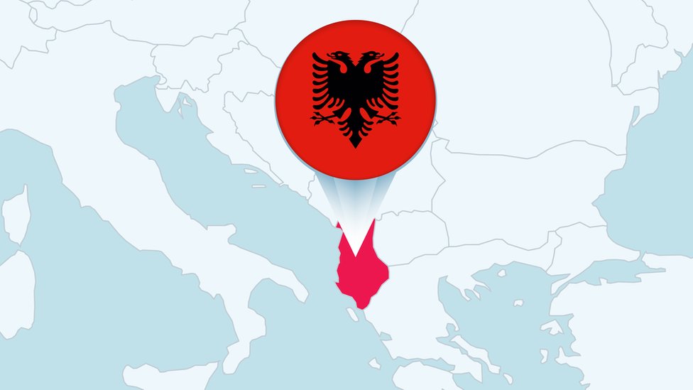 Un mapa con la ubicación de Albania