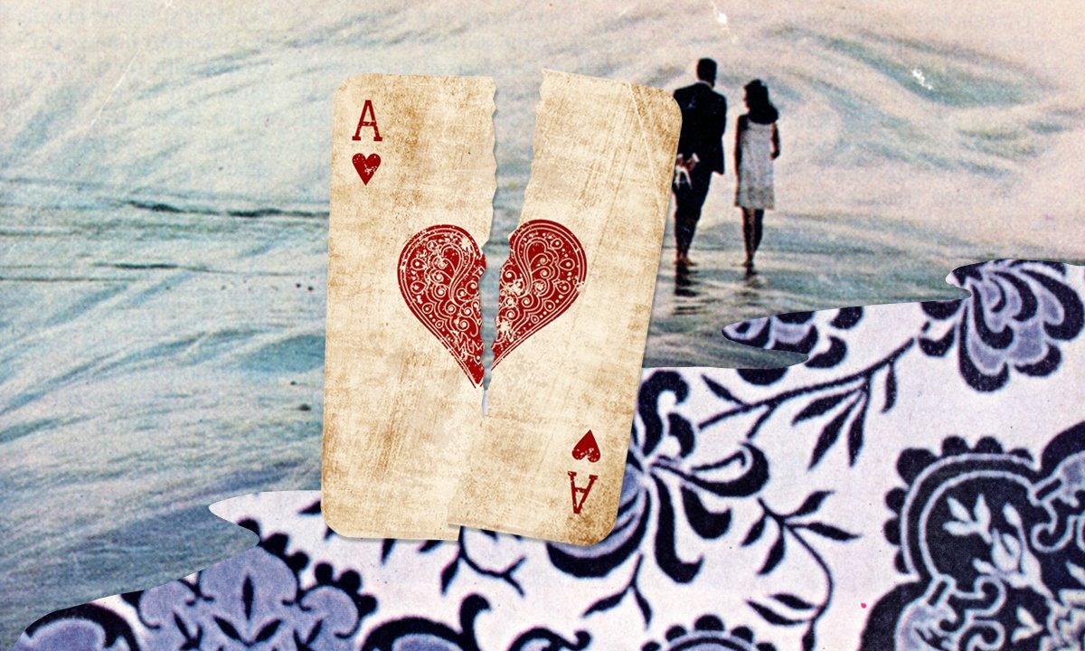 Un collage de una pareja caminando cerca de una playa, un naipe con un as de corazones se rasga detrás de ellos.