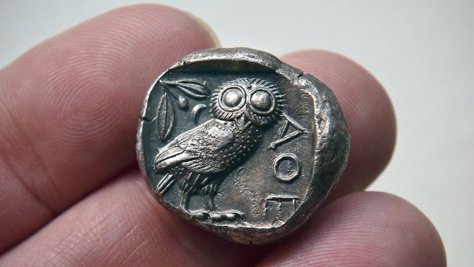 Ancient Silver Tetradrachm coin struck at Athens, c. 470 BC. It depict the Owl of goddess Athena