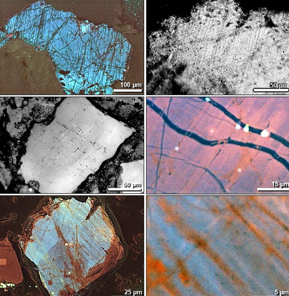 Imágenes de microscopio electrónico de numerosas pequeñas grietas en granos de cuarzo impactados. Allen West, CC BY-ND