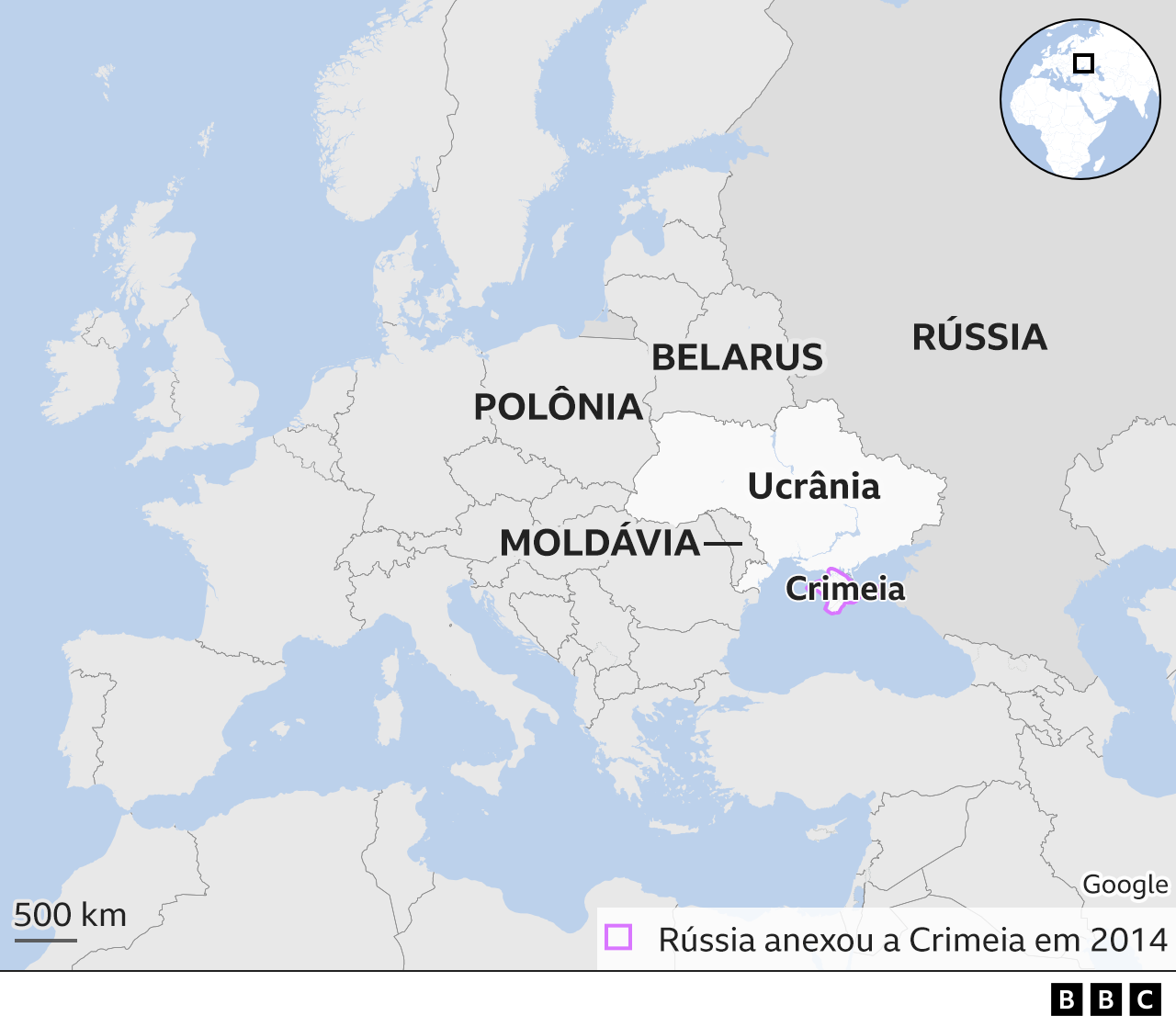 Mapa mostra onde fica a Ucrânia - no leste da Europa, entre a Rússia e a Polônia