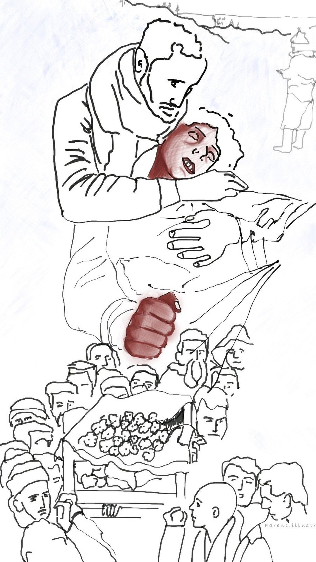 رسم لصورة المراهق الذي مات متجمداً ويحضنه والده بعد العثور على جثته