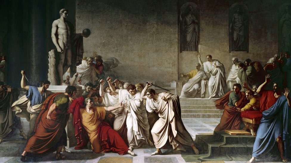 El asesinato de Julio César en el Senado romano, pintado por Camuccini