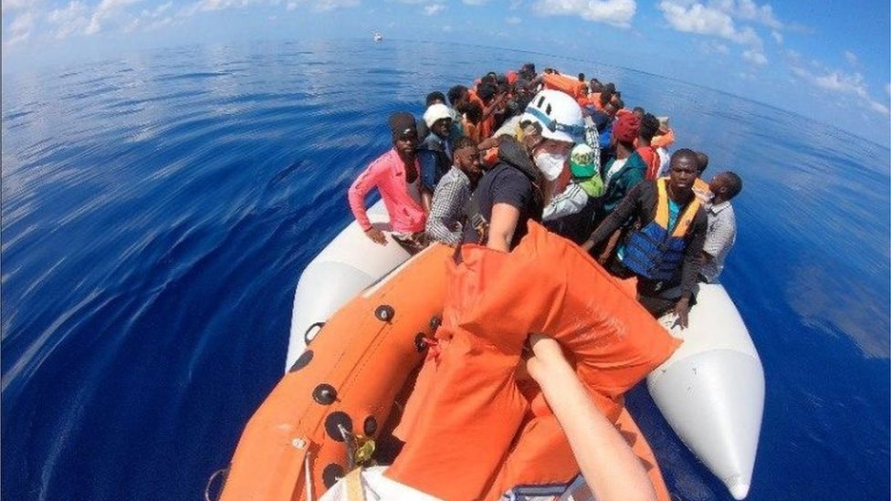 Migrants are seen on the Louise Michel ship operating in the Mediterranean sea and financed by British street artist Banksy, on August 29, 2020. MV Louise Michel/Handout via REUTERS