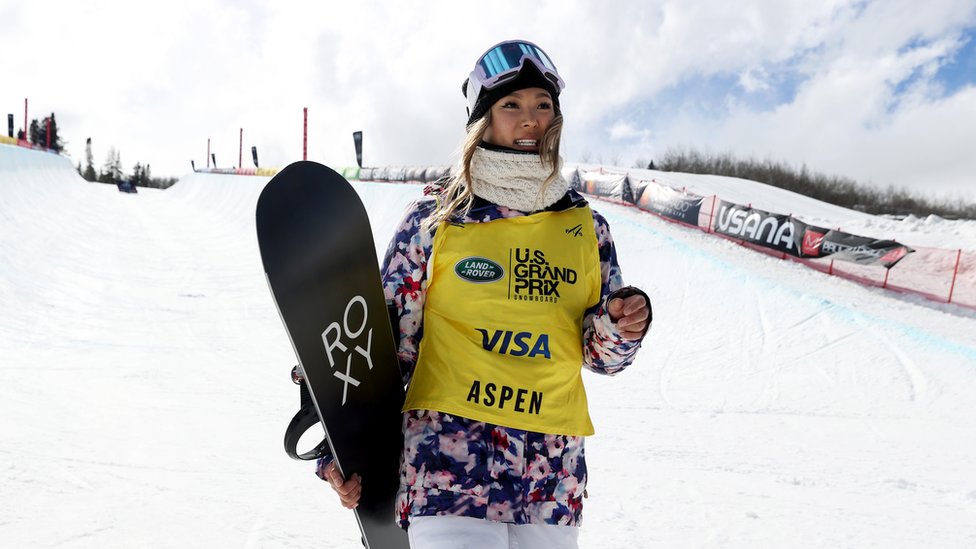 Chloe Kim of the United States poses for a picture after finishing first place in the women's snowboard halfpipe final during Day 4 of the Land Rover U.S. Grand Prix World Cup at Buttermilk Ski Resort on March 21, 2021 in Aspen, Colorado.