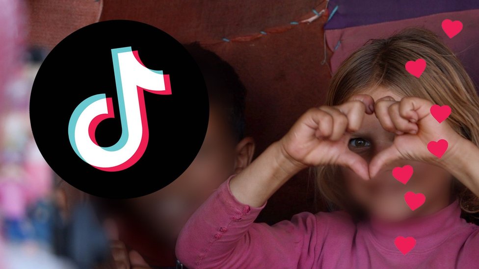 Graphic shows TikTok logo beside a child using her hands to make a heart shape to a camera