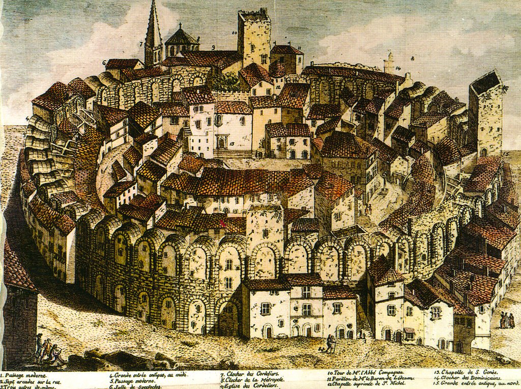 El anfiteatro antes de que se destruyeran las casas. (J.B. Guibert, siglo XVIII)