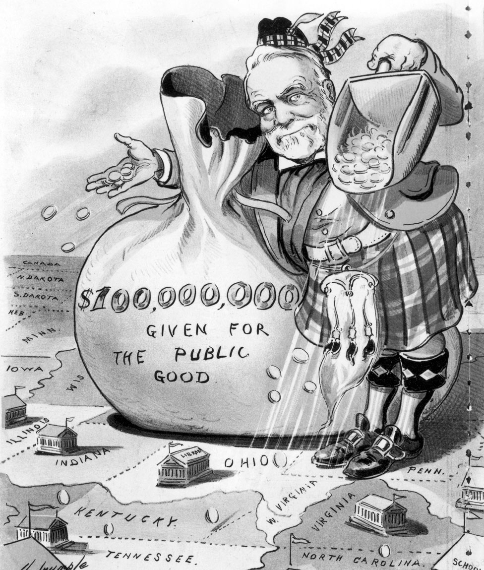 Una caricatura que muestra a Carnegie, vestido con el traje típico de Escocia, repartiendo US$100 millones para la construcción de bibliotecas por todo EE.UU.