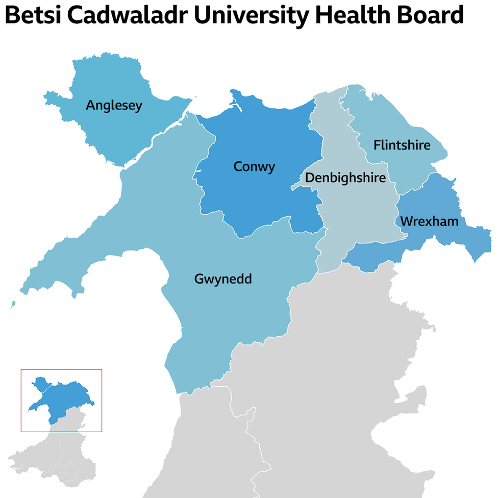 Карта Уэльса, показывающая территорию, на которой работает совет здоровья Бетси Кадваладр
