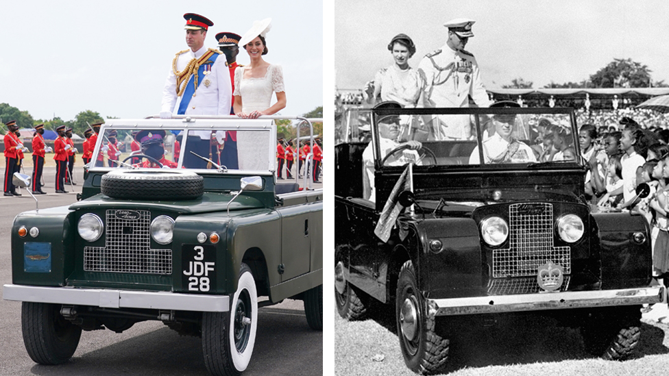 À esquerda, o duque e a duquesa de Cambridge participando do desfile em um Land Rover; e, à direita, a rainha e o duque de Edimburgo, também em um Land Rover, em Kingston