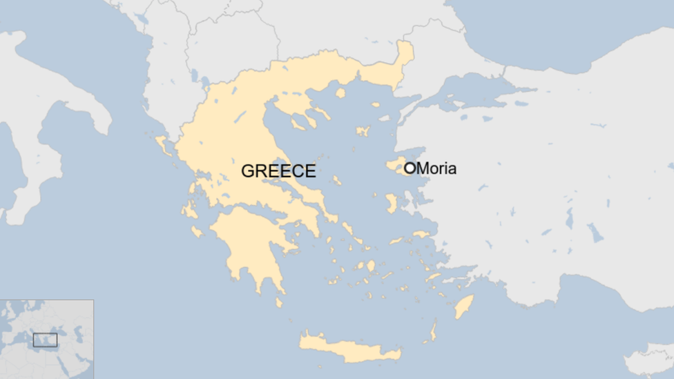 Map showing Moria camp in Greece