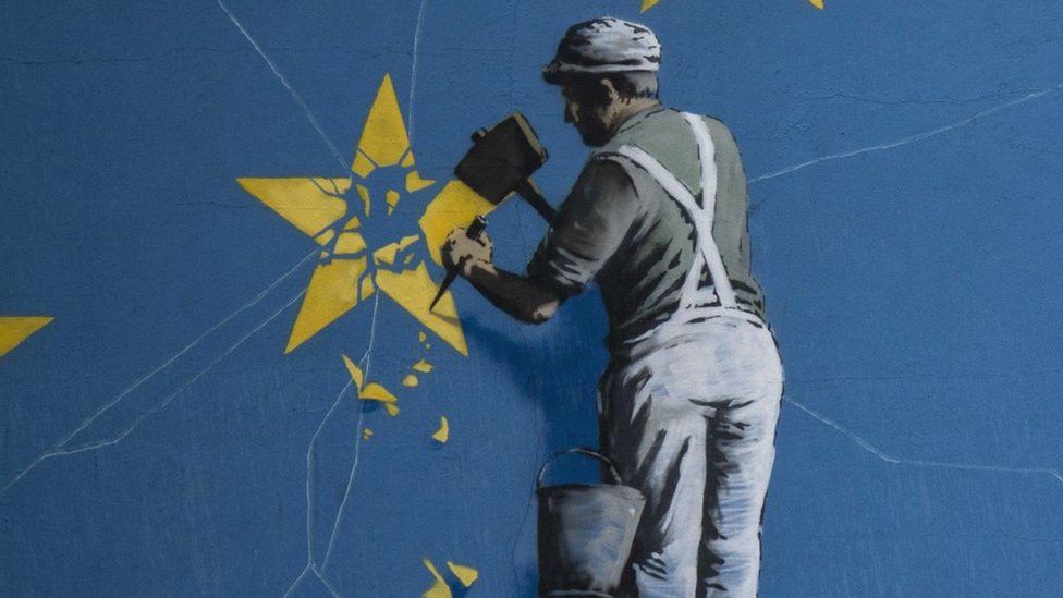 illustration of a man chipping a star off the EU flag