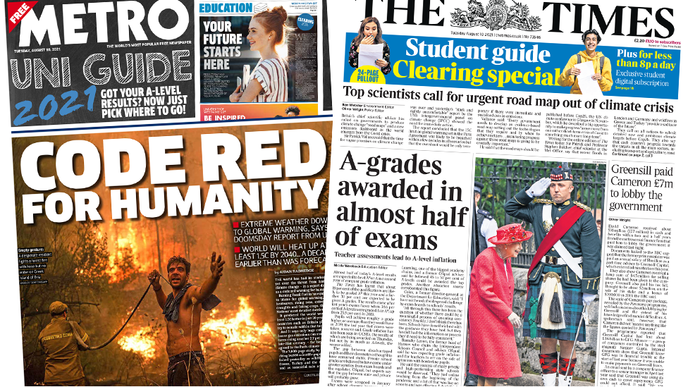 Newspaper Headlines Climate Code Red And Top A Level Grades Soar c News
