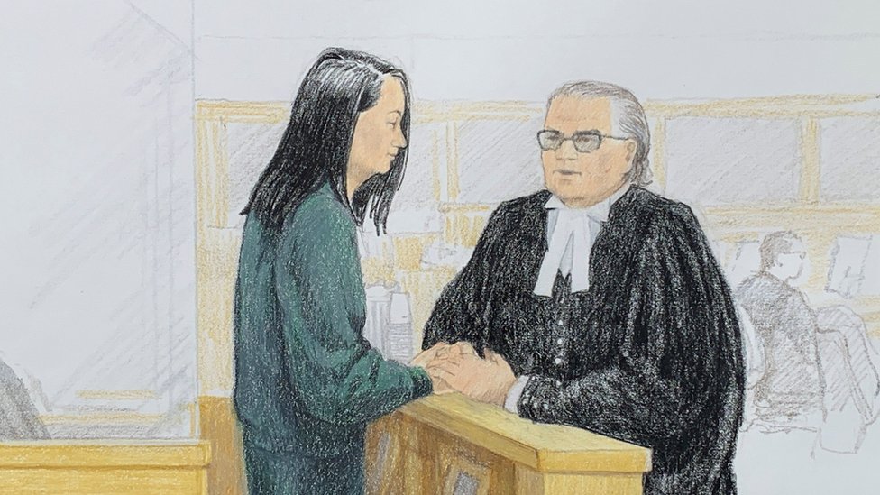 Interpretación artística de Meng Wanzhou en el tribunal de Vancouver, Canadá