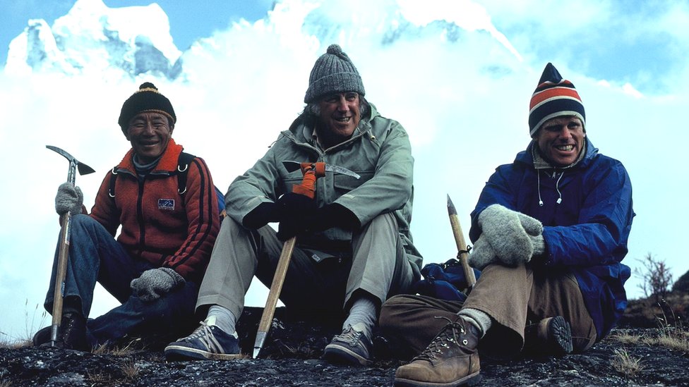 Edmund Hillary and Peter sitting in high Himalayas with Mingma Tsering