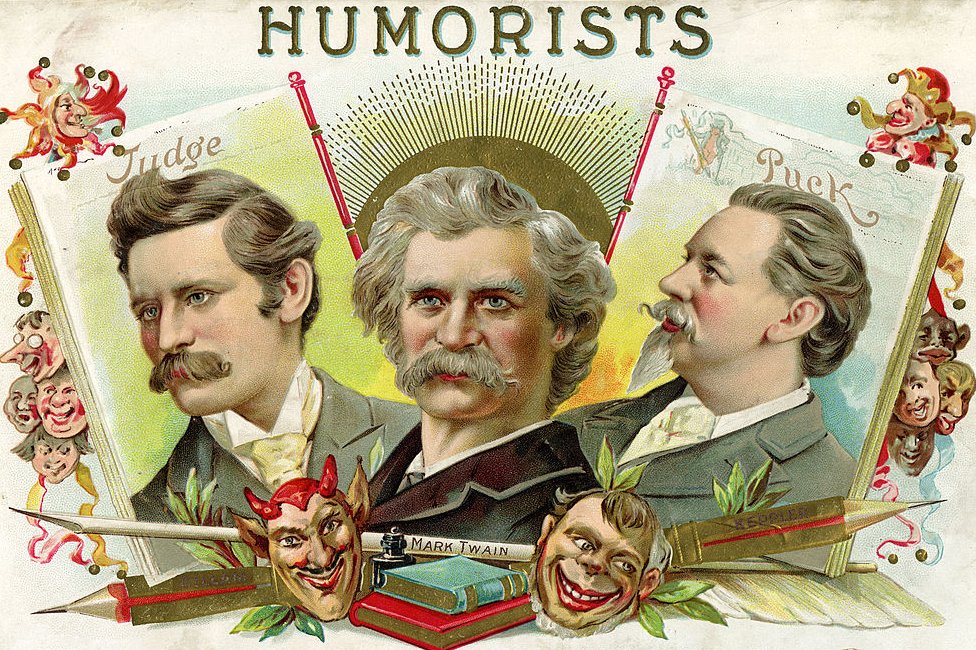 Retratos de tres "humoristas" estadounidenses de finales del siglo XIX, en el que aparece Mark Twain, junto con los caricaturistas Bernard Gillam (izquierda) de la revista 'Judge' y Joseph Keppler de la revista 'Puck'.