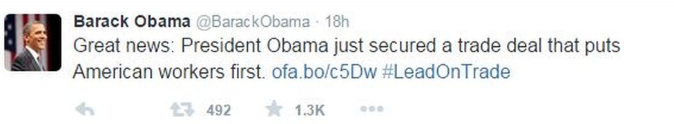 Барак Обама пишет в Твиттере: «Отличные новости: президент Обама только что заключил торговую сделку, которая ставит американских рабочих на первое место».